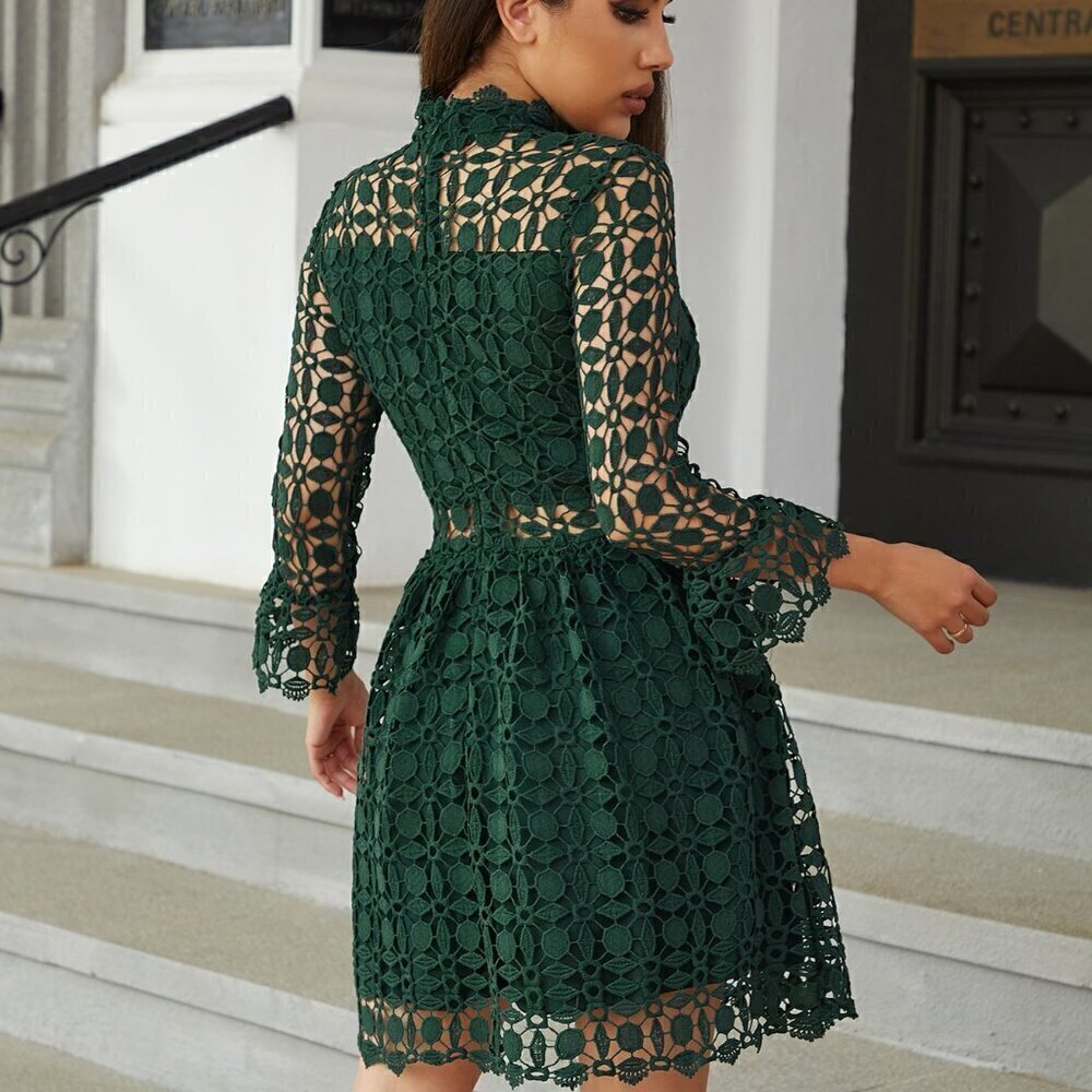 Dark Green Elegant Women's Guipure Lace Insert Mock Neck Flounce Sleeve Dress - Picture 2 of 5